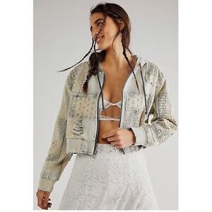 Free People Mazzie Hood Denim Bomber Jacket L